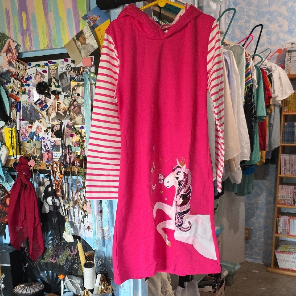 Pink Unicorn Hoodie Dress with Striped Sleeves